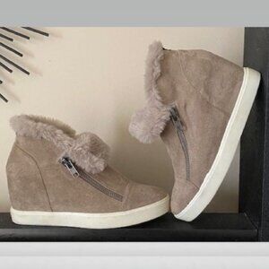Beige Suede Ankle Booties with Fur
